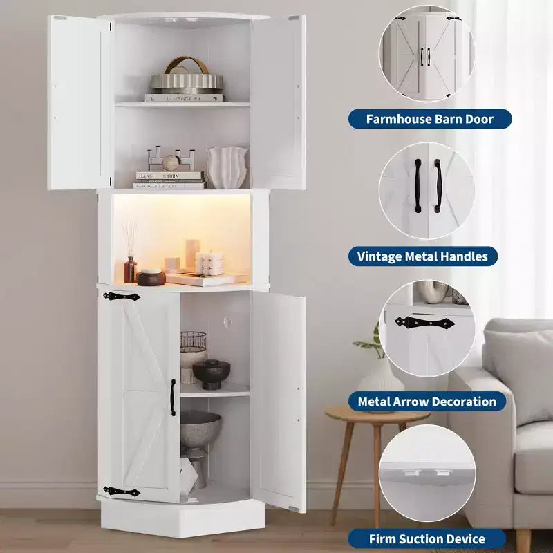 64.6" Corner Cabinet with 4 Barn Doors, 5-Tier Freestanding Pantry for Kitchen Living Room