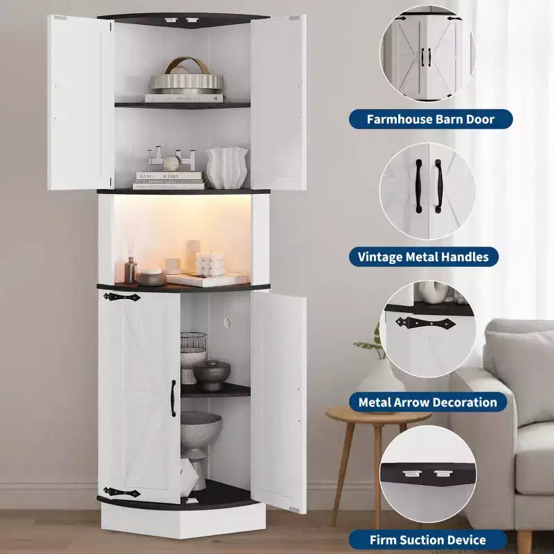 64.6" Corner Cabinet with 4 Barn Doors, 5-Tier Freestanding Pantry for Kitchen Living Room