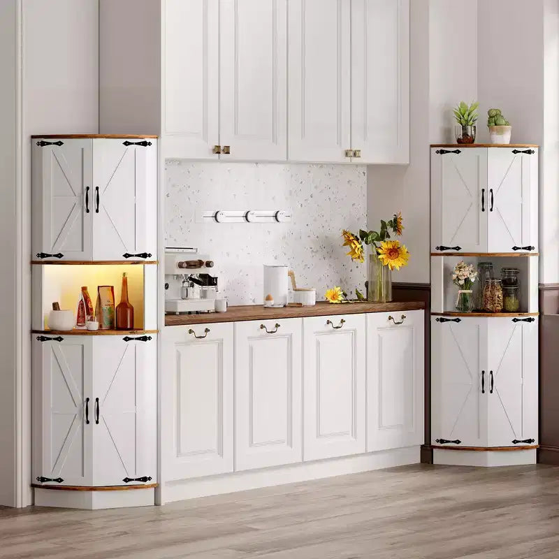 64.6" Corner Cabinet with 4 Barn Doors, 5-Tier Freestanding Pantry for Kitchen Living Room