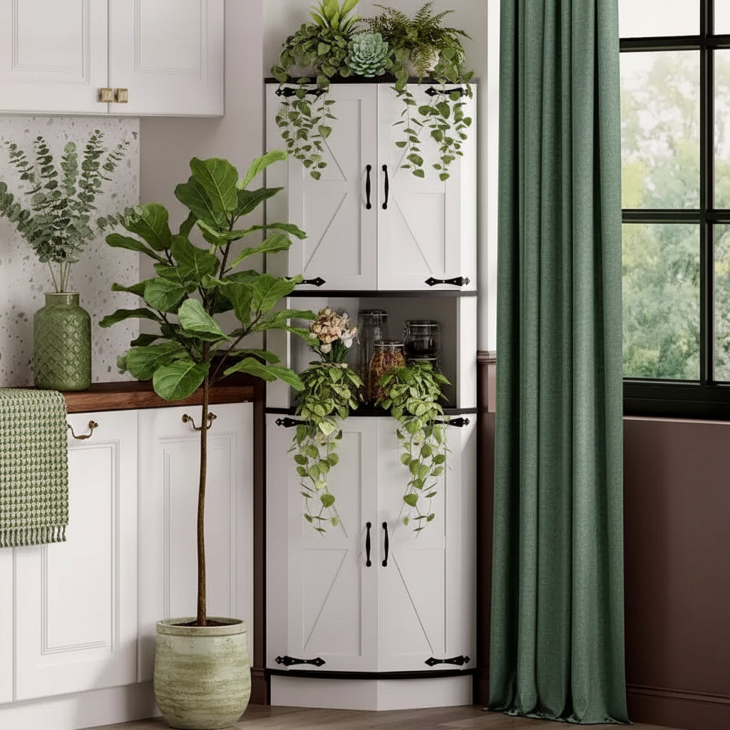 64.6 Farmhouse Corner Cabinet, 5 Tier Tall Storage Cabinet with 4 Barn Doors, Freestanding Pantry Cupboard for Living Room Kitchen