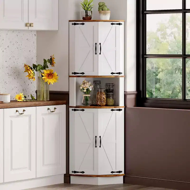 64.6" Corner Cabinet with 4 Barn Doors, 5-Tier Freestanding Pantry for Kitchen Living Room