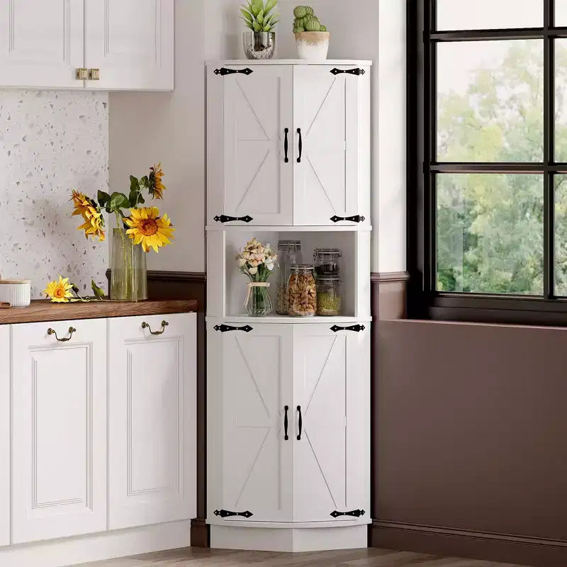 64.6" Corner Cabinet with 4 Barn Doors, 5-Tier Freestanding Pantry for Kitchen Living Room