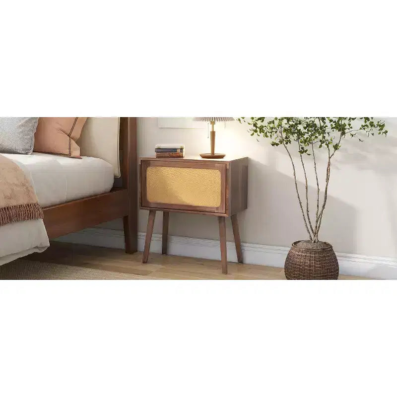 Rotating Hidden Compartment Boho Rattan Nightstand