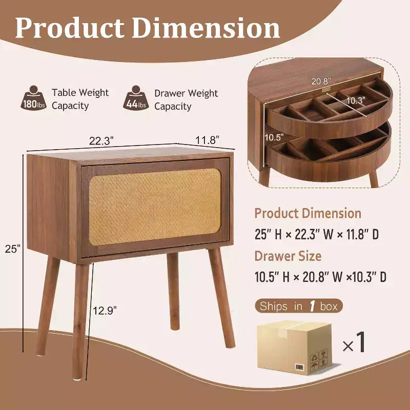 Rotating Hidden Compartment Boho Rattan Nightstand