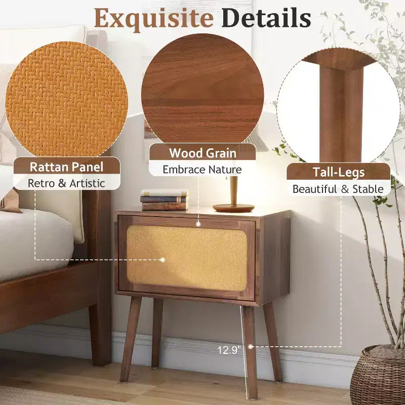 Rotating Hidden Compartment Boho Rattan Nightstand