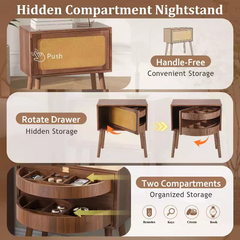 Rotating Hidden Compartment Boho Rattan Nightstand