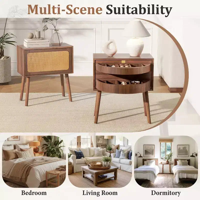 Rotating Hidden Compartment Boho Rattan Nightstand