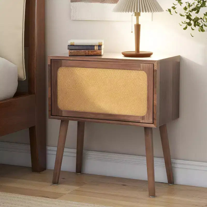 Rotating Hidden Compartment Boho Rattan Nightstand