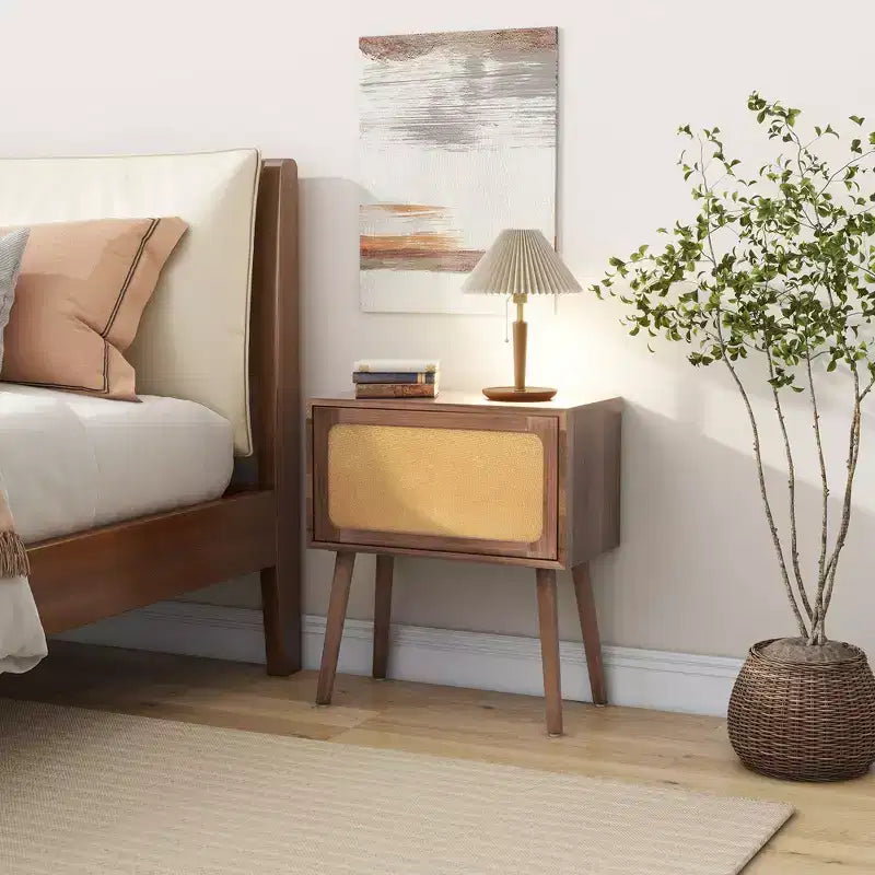 Rotating Hidden Compartment Boho Rattan Nightstand