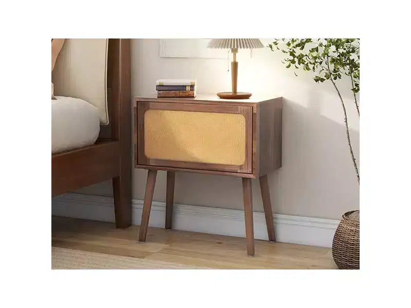 Rotating Hidden Compartment Boho Rattan Nightstand