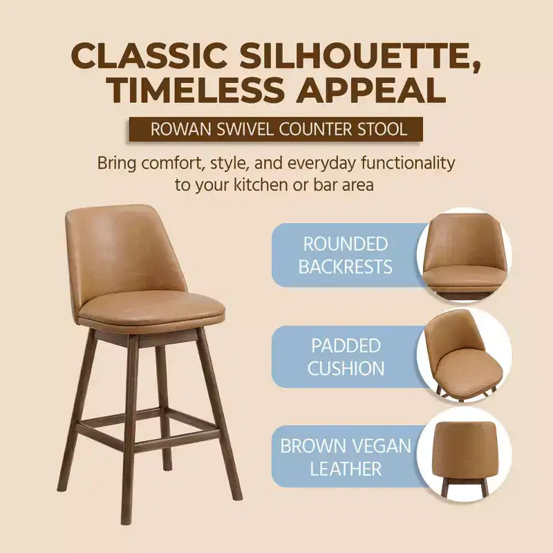 26" Swivel Counter Stool, Walnut Finish & Brown Leather, 2 Pack