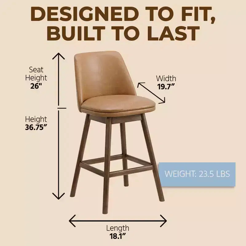 26" Swivel Counter Stool, Walnut Finish & Brown Leather, 2 Pack