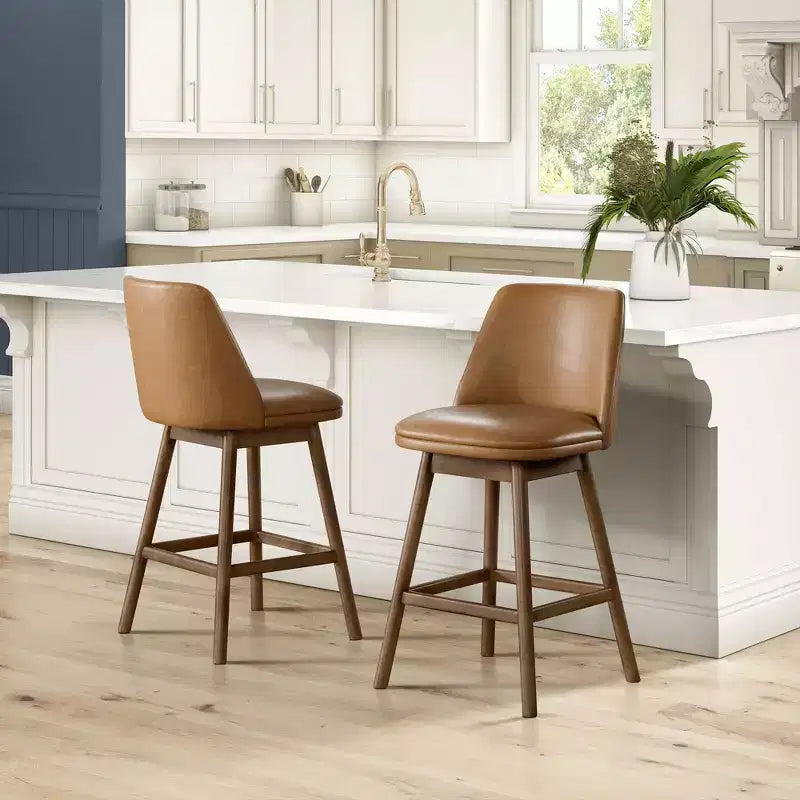 26" Swivel Counter Stool, Walnut Finish & Brown Leather, 2 Pack