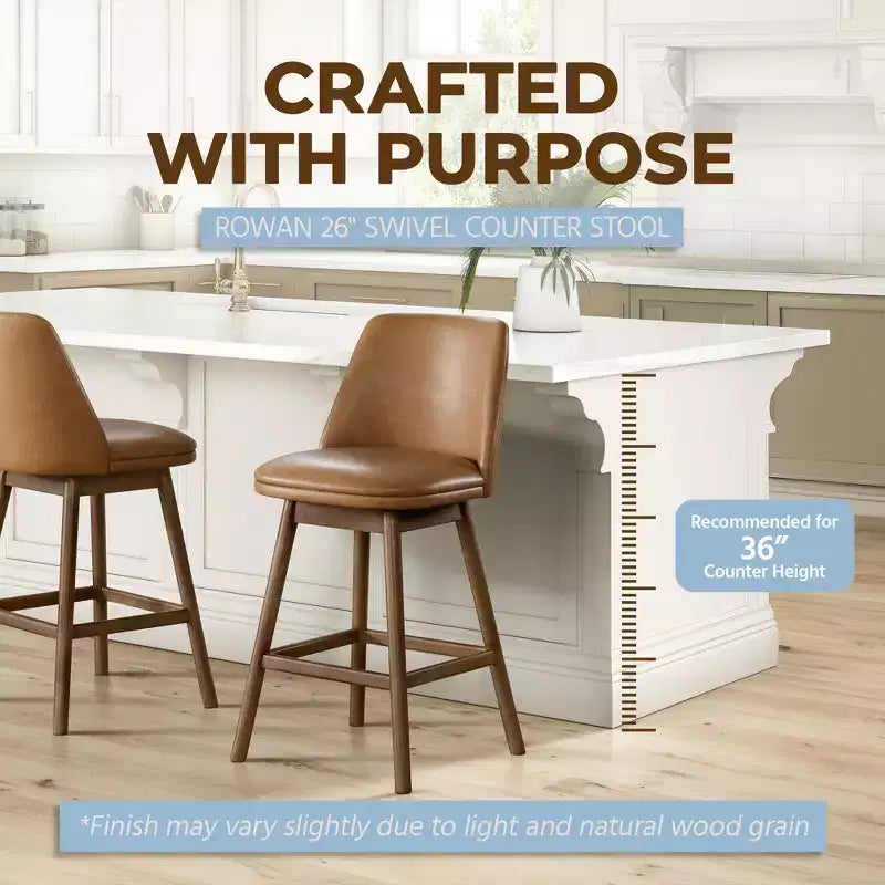 26" Swivel Counter Stool, Walnut Finish & Brown Leather, 2 Pack