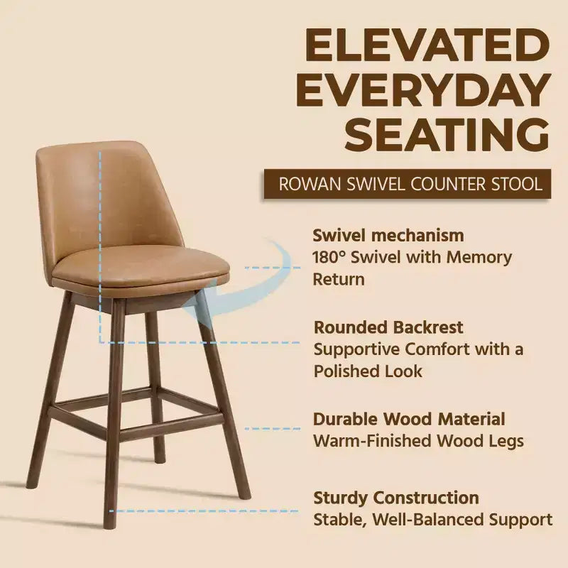 26" Swivel Counter Stool, Walnut Finish & Brown Leather, 2 Pack