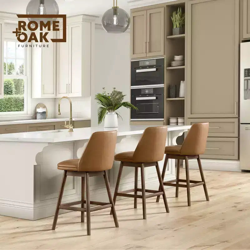 26" Swivel Counter Stool, Walnut Finish & Brown Leather, 2 Pack