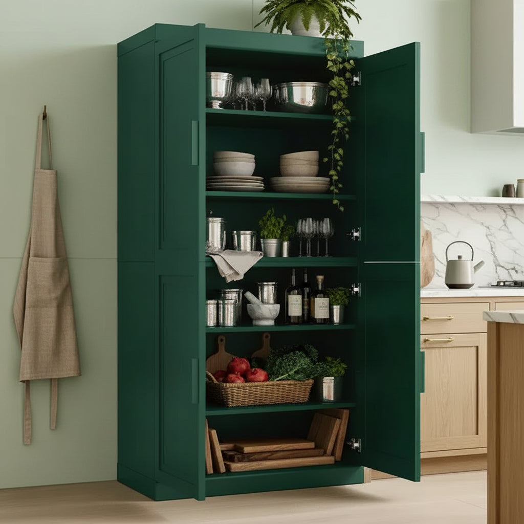 Kitchen Pantry Cabinet Freestanding 4-Door Storage Cabinet with Adjustable Shelves, Heavy Duty Floor Cupboard with Anti-Scratch Surface