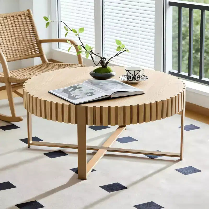 JVNOXK Modern Handcraft Drum Coffee Table 31.5 inch Round Coffee Table for Living Room,with Sturdy Pedestal,Natural