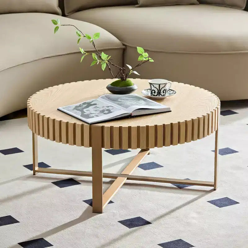 31.5 inch Round Coffee Table for Living Room with Sturdy Pedestal, Natural