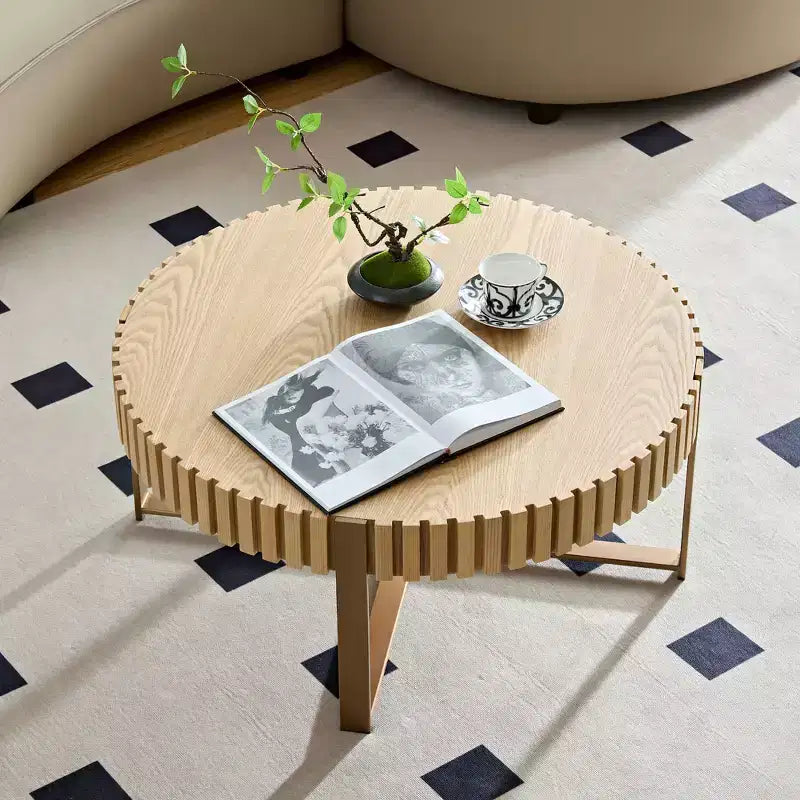 31.5 inch Round Coffee Table for Living Room with Sturdy Pedestal, Natural