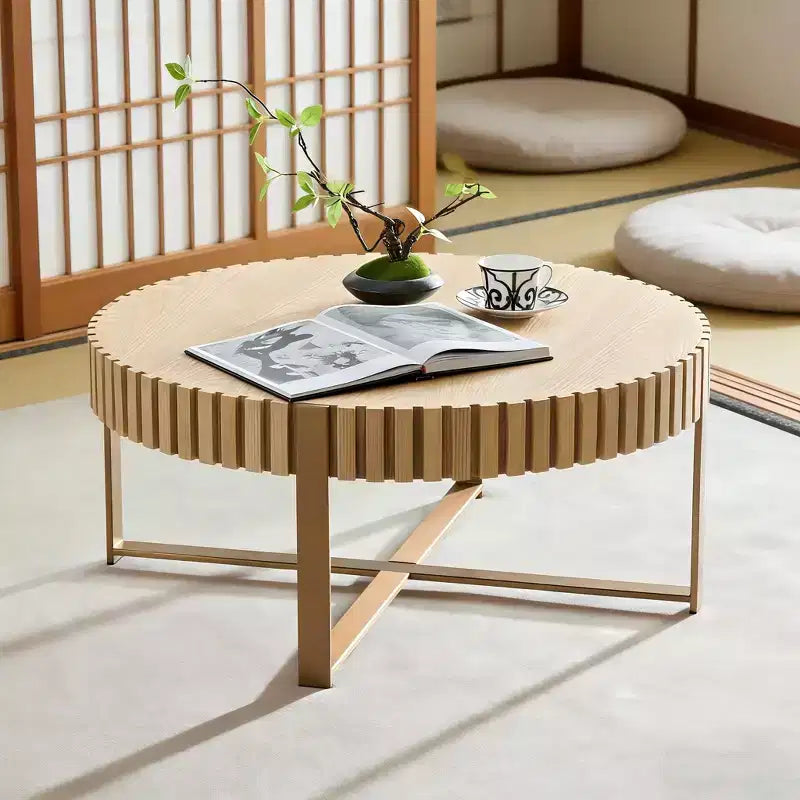 31.5 inch Round Coffee Table for Living Room with Sturdy Pedestal, Natural