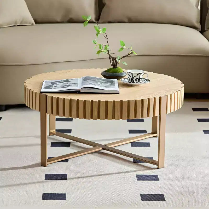 31.5 inch Round Coffee Table for Living Room with Sturdy Pedestal, Natural
