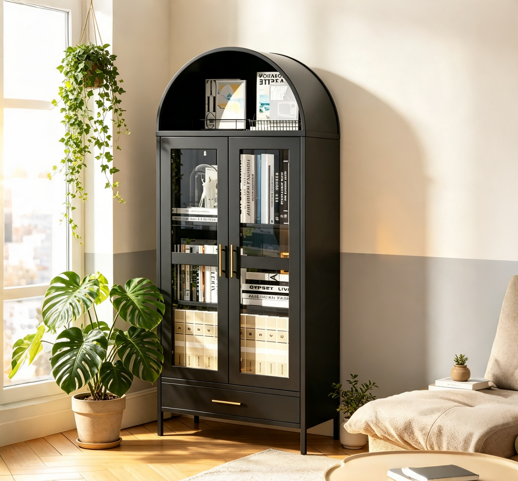 Armoire haute en métal cintrée de 185 cm avec portes en verre et étagères réglables, rangement de cuisine et de salon