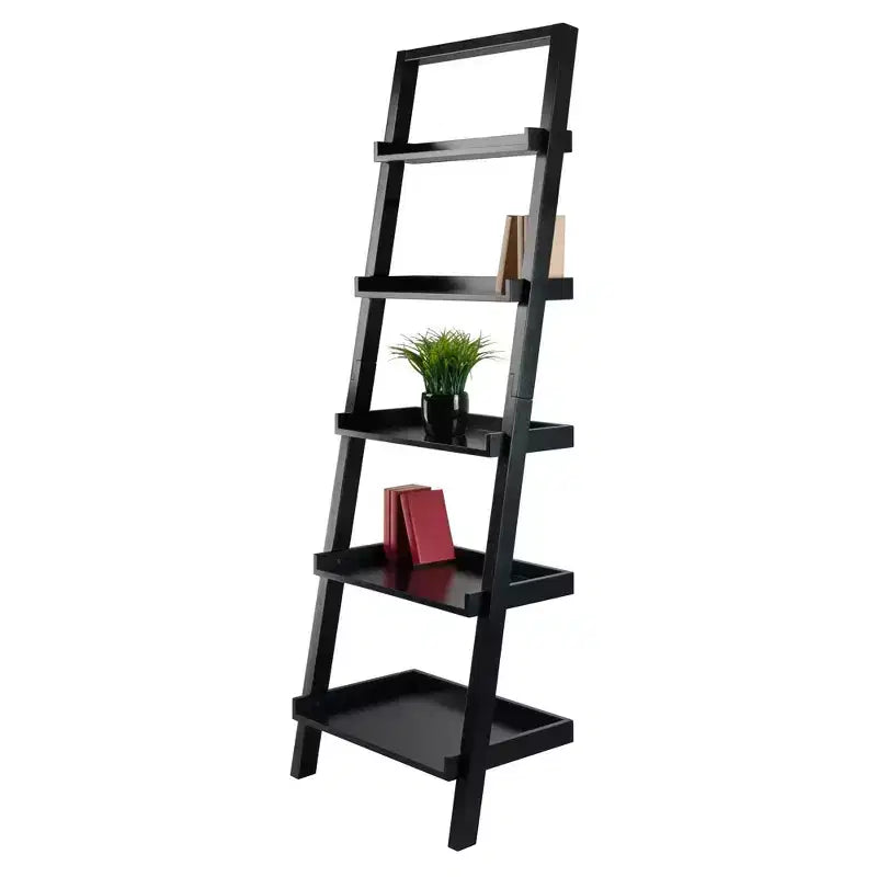69.36" Leaning Shelf Black - 5-Tier Space-Saving Solid Wood Bookcase