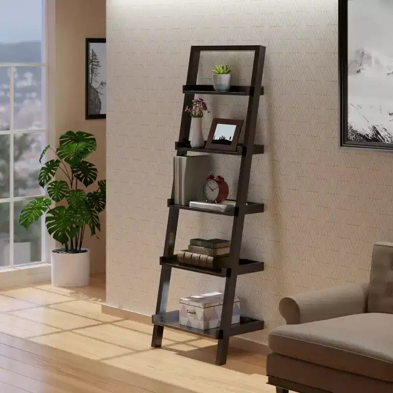 69.36" Leaning Shelf Black - 5-Tier Space-Saving Solid Wood Bookcase