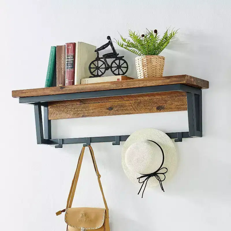 Rustic Wood Coat Hook with Shelf Dark Brown - Wall-Mounted Storage, 5 Hooks, No Assembly Required