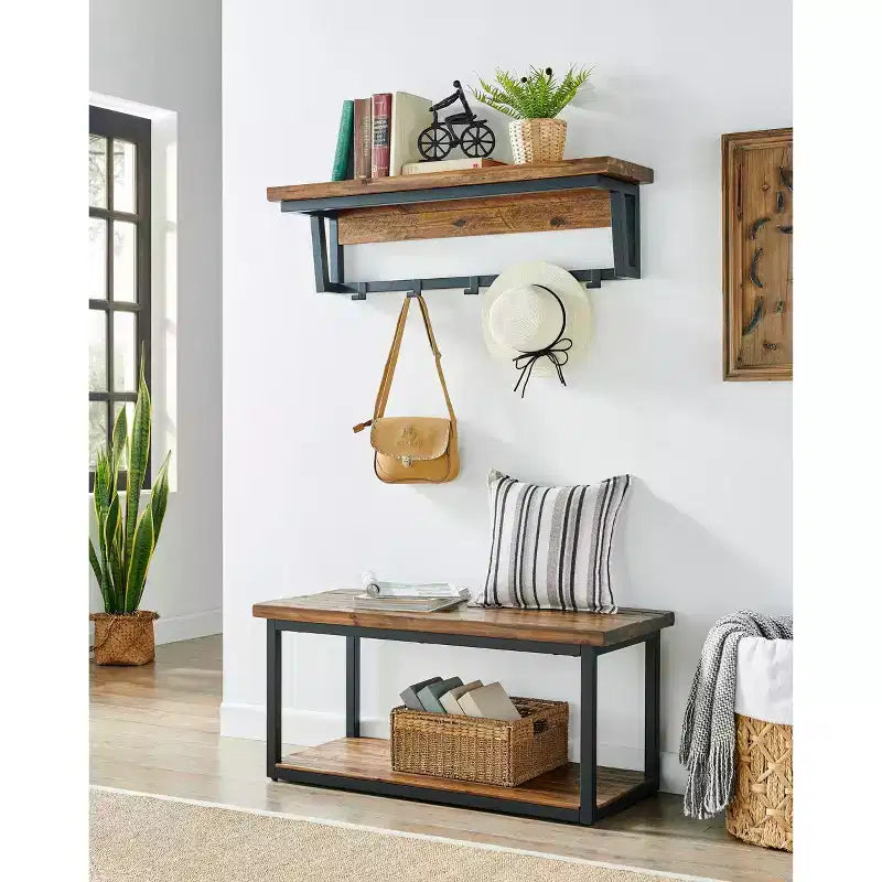 Rustic Wood Coat Hook with Shelf Dark Brown - Wall-Mounted Storage, 5 Hooks, No Assembly Required