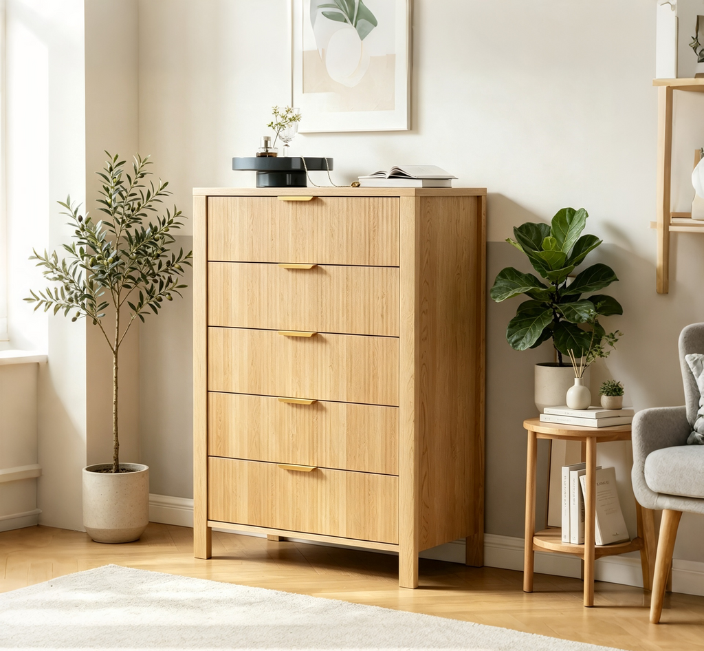 Commode haute cannelée à 5 tiroirs – Armoire de rangement mince pour chambre, chambre d'enfant et petits espaces