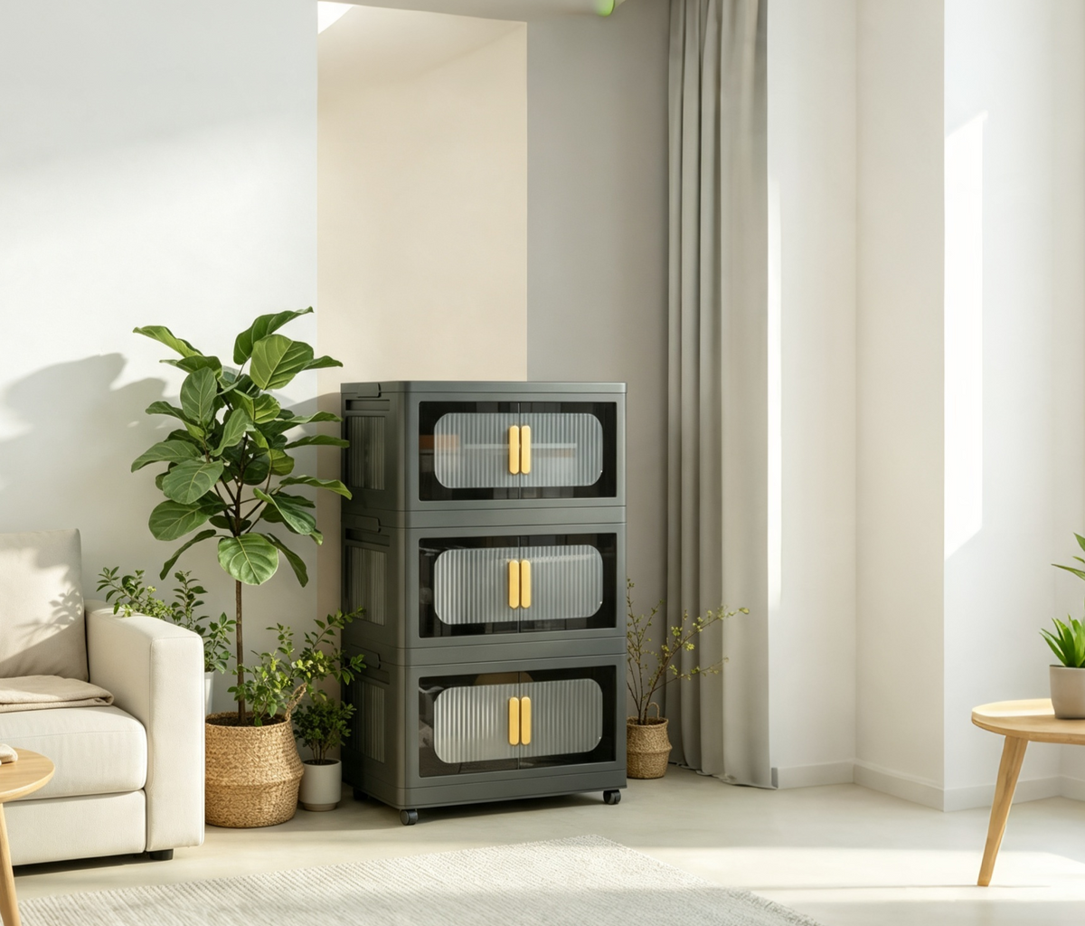 Meuble de rangement pliant en plastique à 3 niveaux avec porte magnétique et roulettes, noir