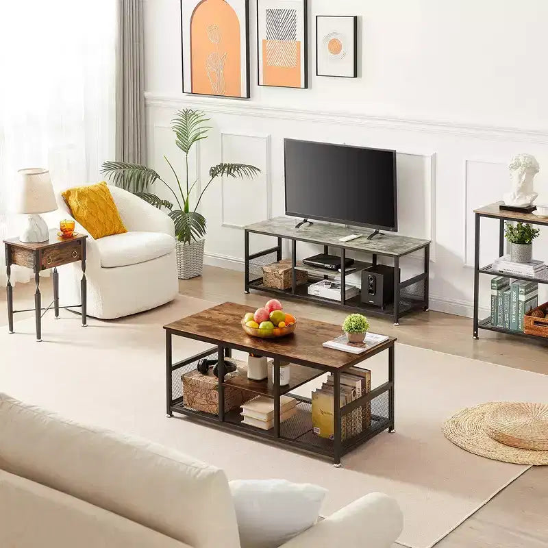 39.4 Inch Rectangle Coffee Table with Storage Shelf, Industrial Entertainment Center