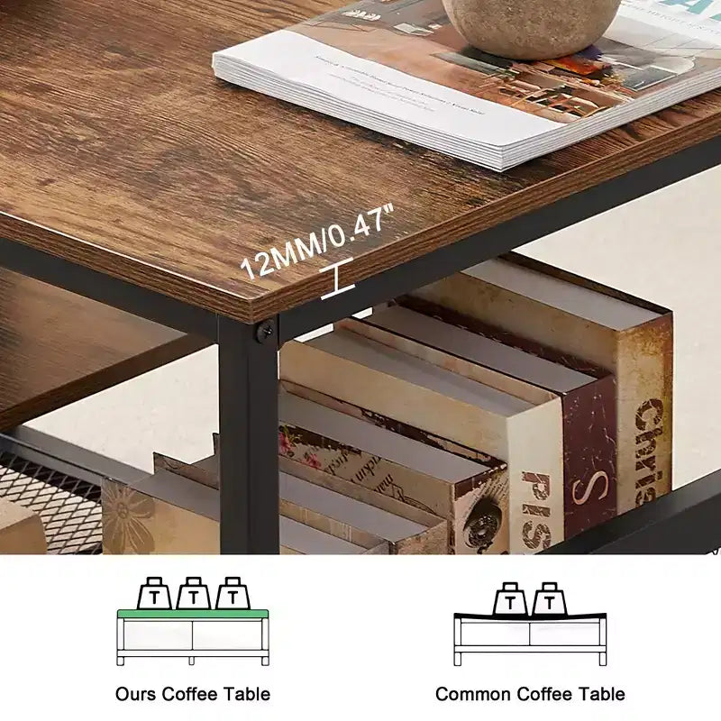 39.4 Inch Rectangle Coffee Table with Storage Shelf, Industrial Entertainment Center