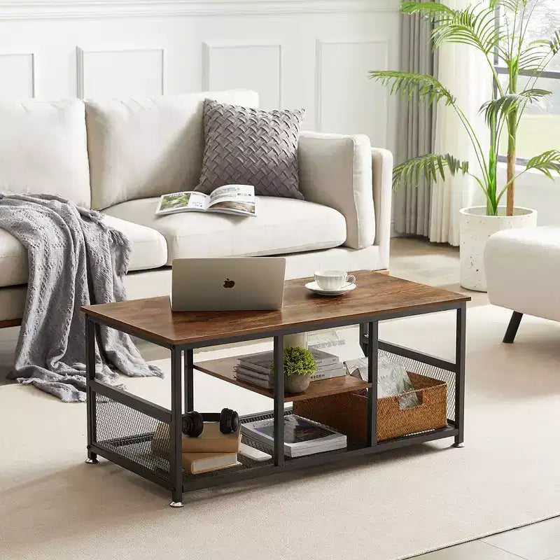39.4 Inch Rectangle Coffee Table with Storage Shelf, Industrial Entertainment Center