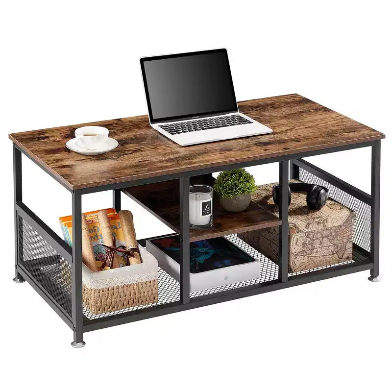 39.4 Inch Rectangle Coffee Table with Storage Shelf, Industrial Entertainment Center